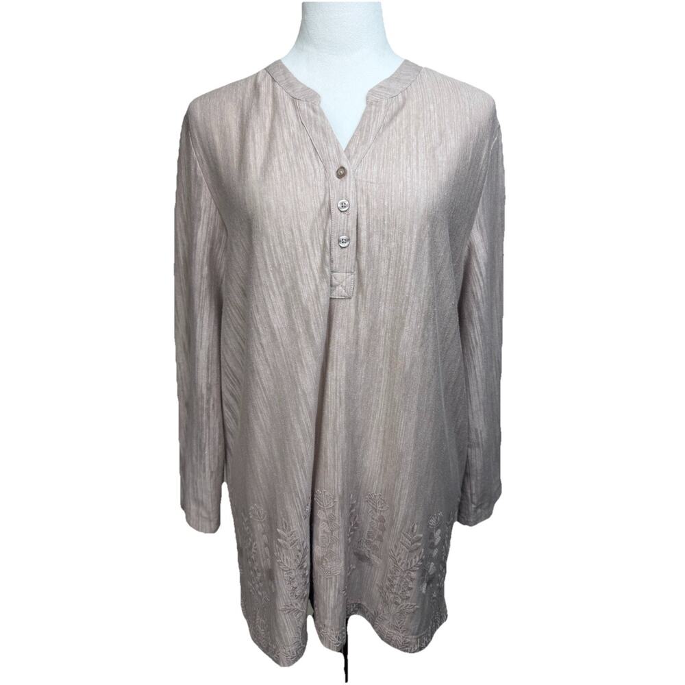 Fever Women's Tunic Top Blouse Long Sleeve 1/4 Buttons Tan Embroidered Trim XL